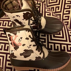 Personalized, cow print rain boots, worn once